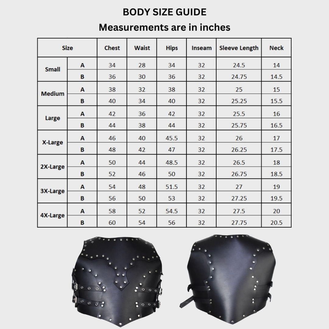 size chart of black leather gladiator chest armor costume for larp events 