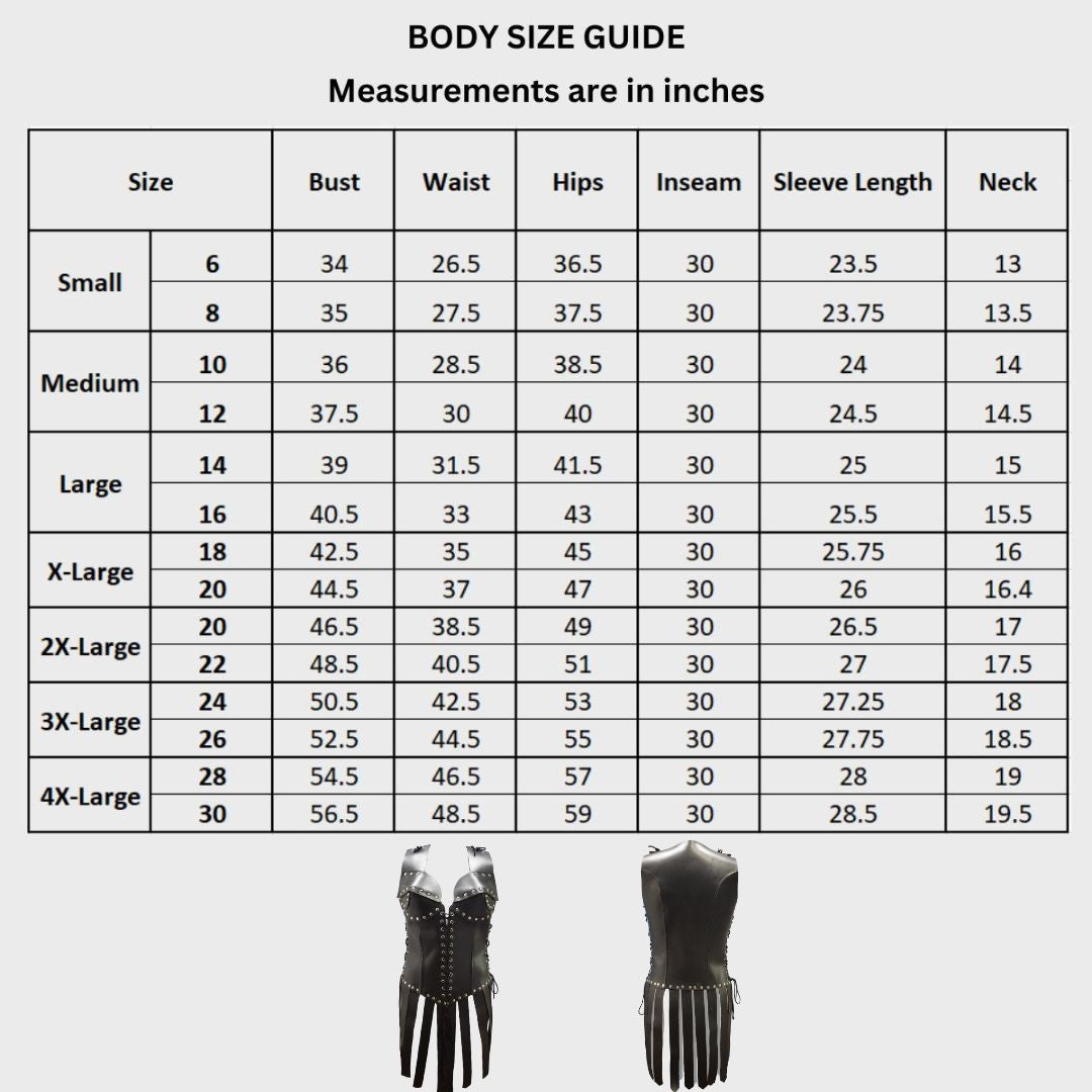 size chart of retro vintage corset 