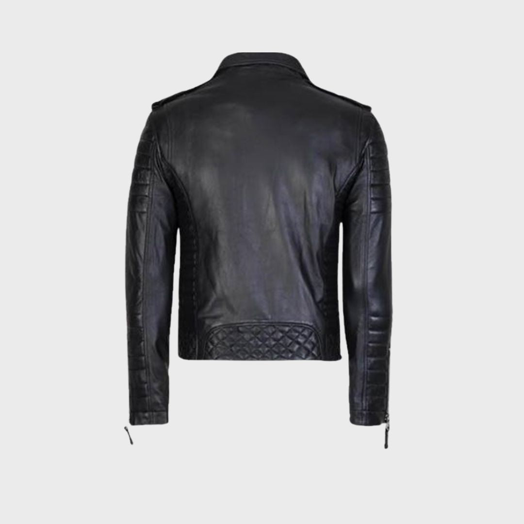 Back view of a men’s black leather quilted biker jacket with stylish notch collar.