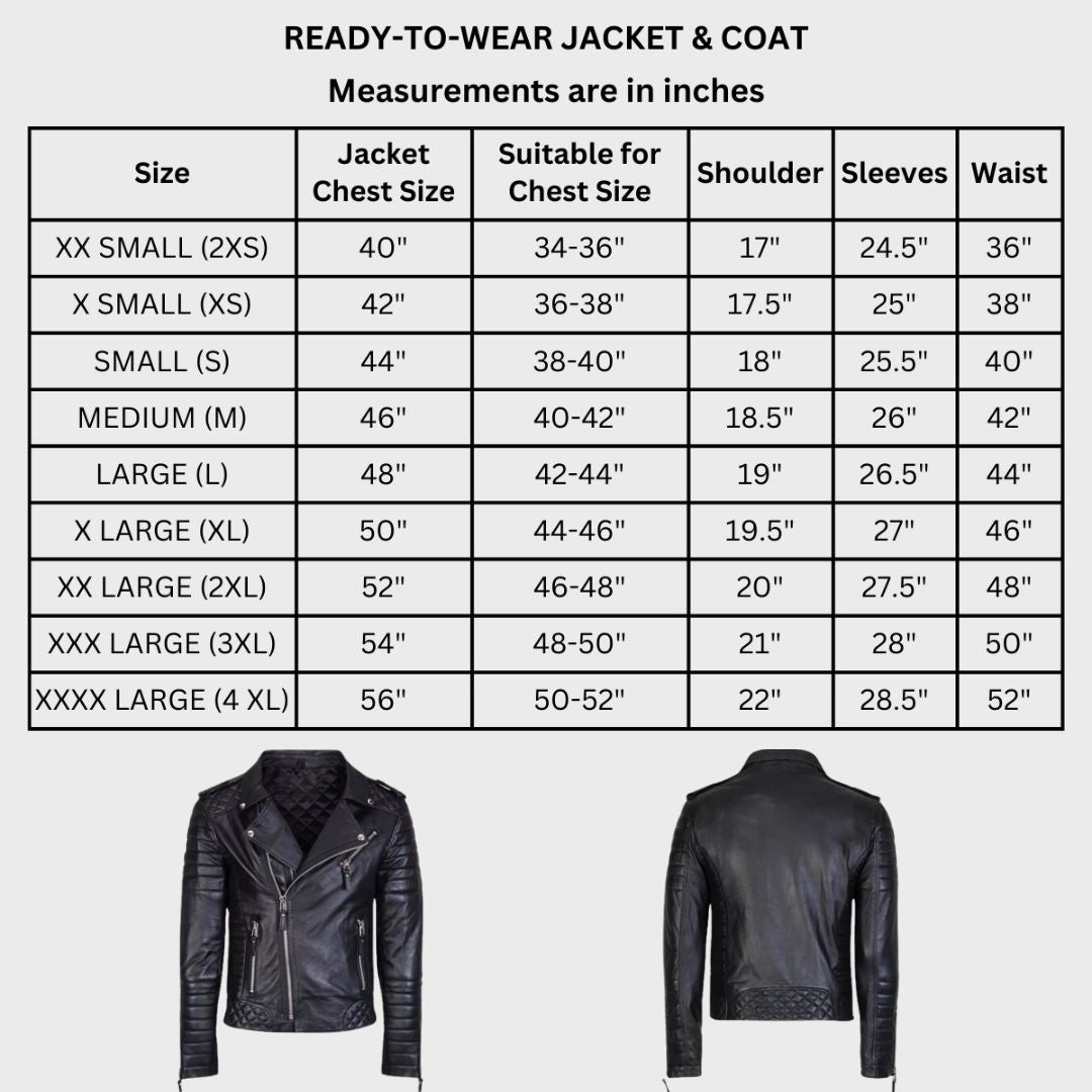 Size chart of a men’s black leather quilted biker jacket with stylish notch collar.