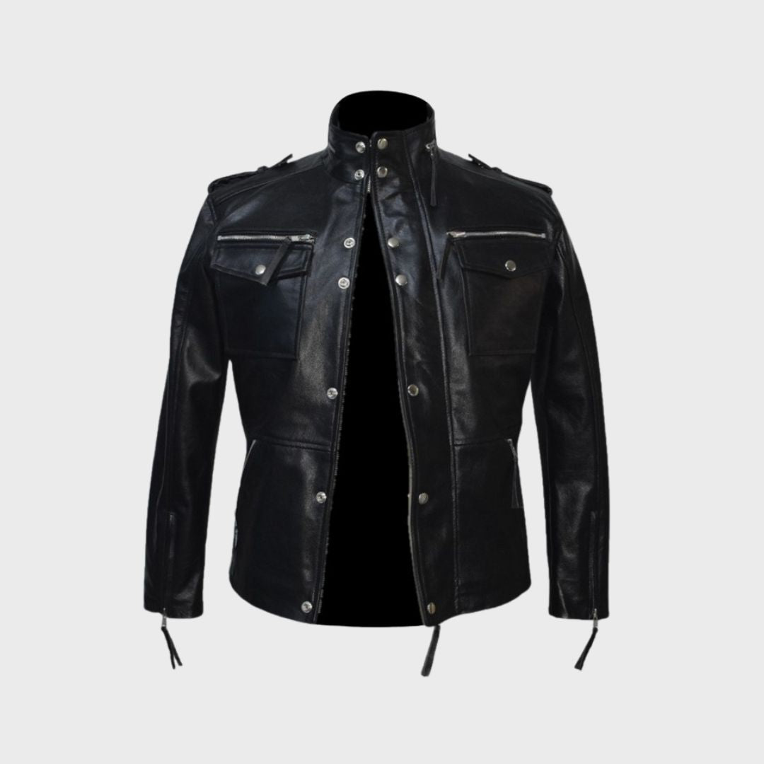 Men’s black leather biker jacket with 2 zipper body pockets and 2 chest pockets with flaps.