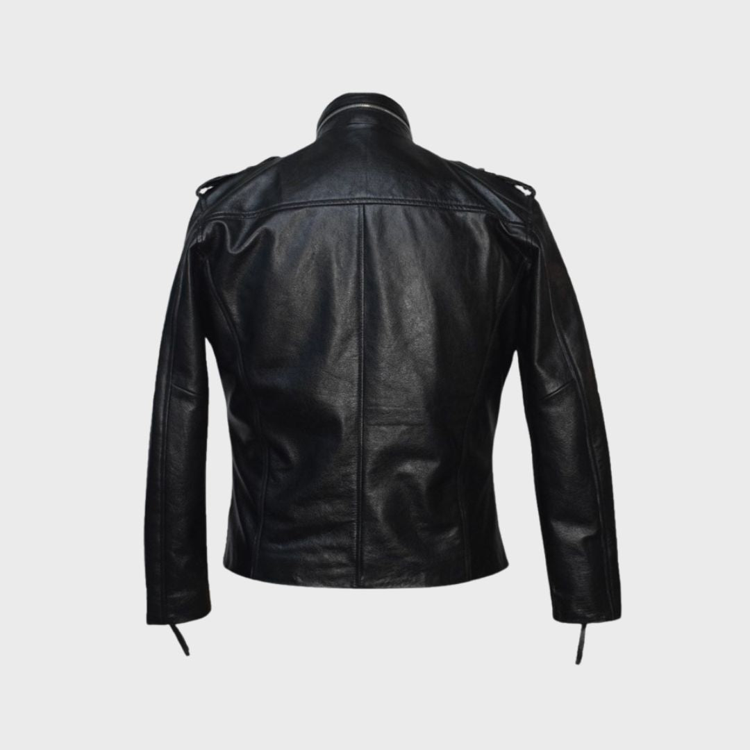 Back view of the chest pockets with flaps on a black leather biker jacket for men.