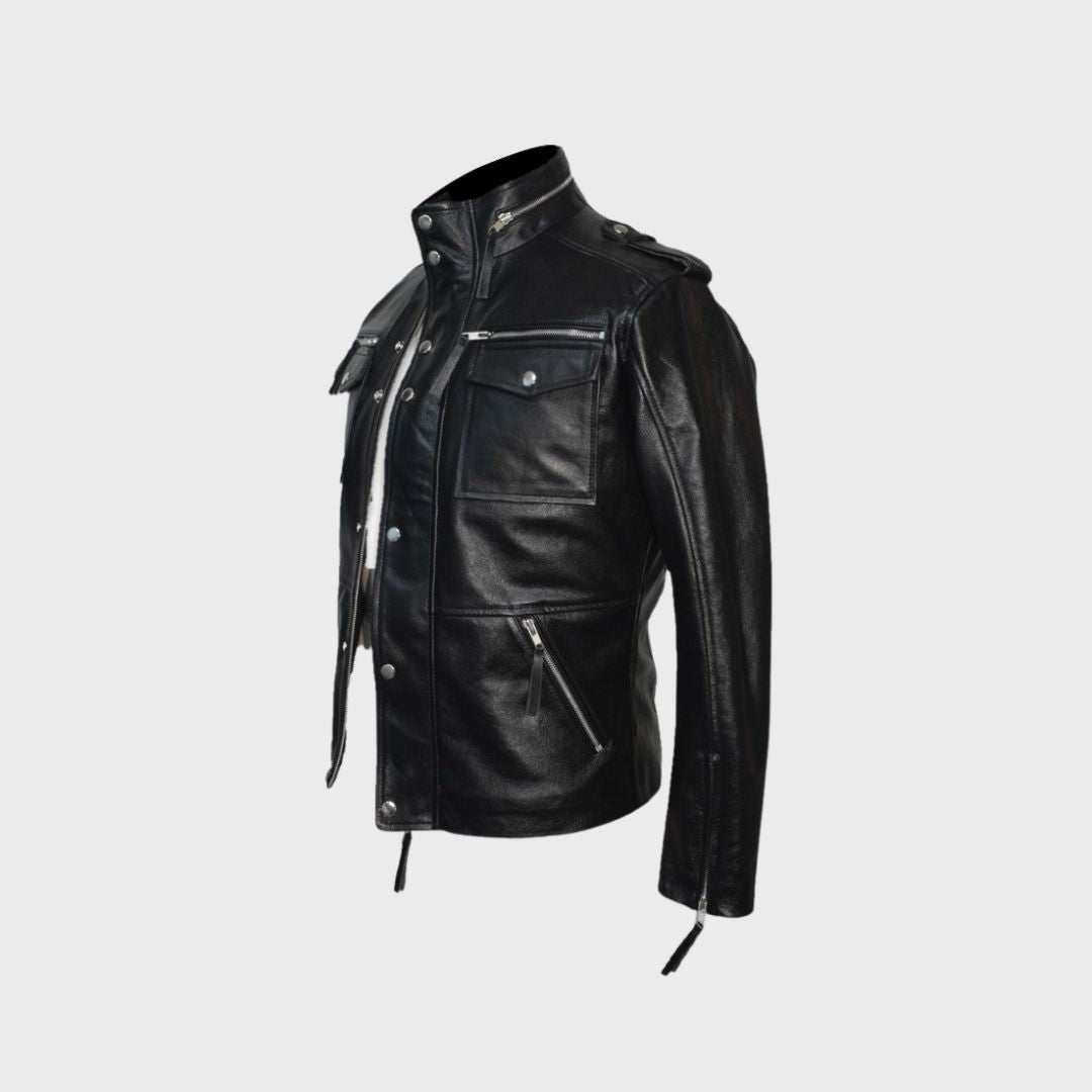 Side view of a men’s black leather biker jacket showing zipper fastening body pockets.