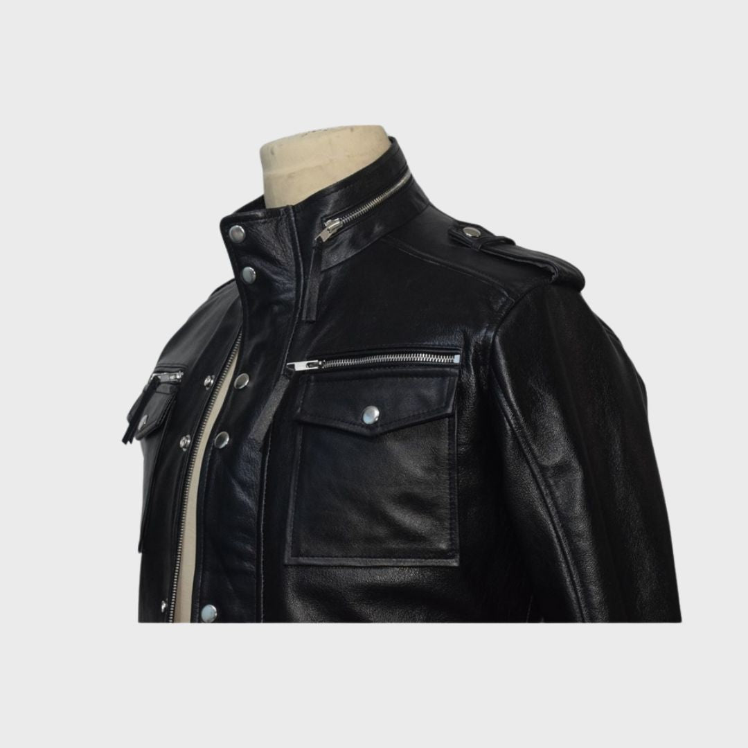 Front view of men’s black leather biker jacket with dual chest pockets and zipper details.