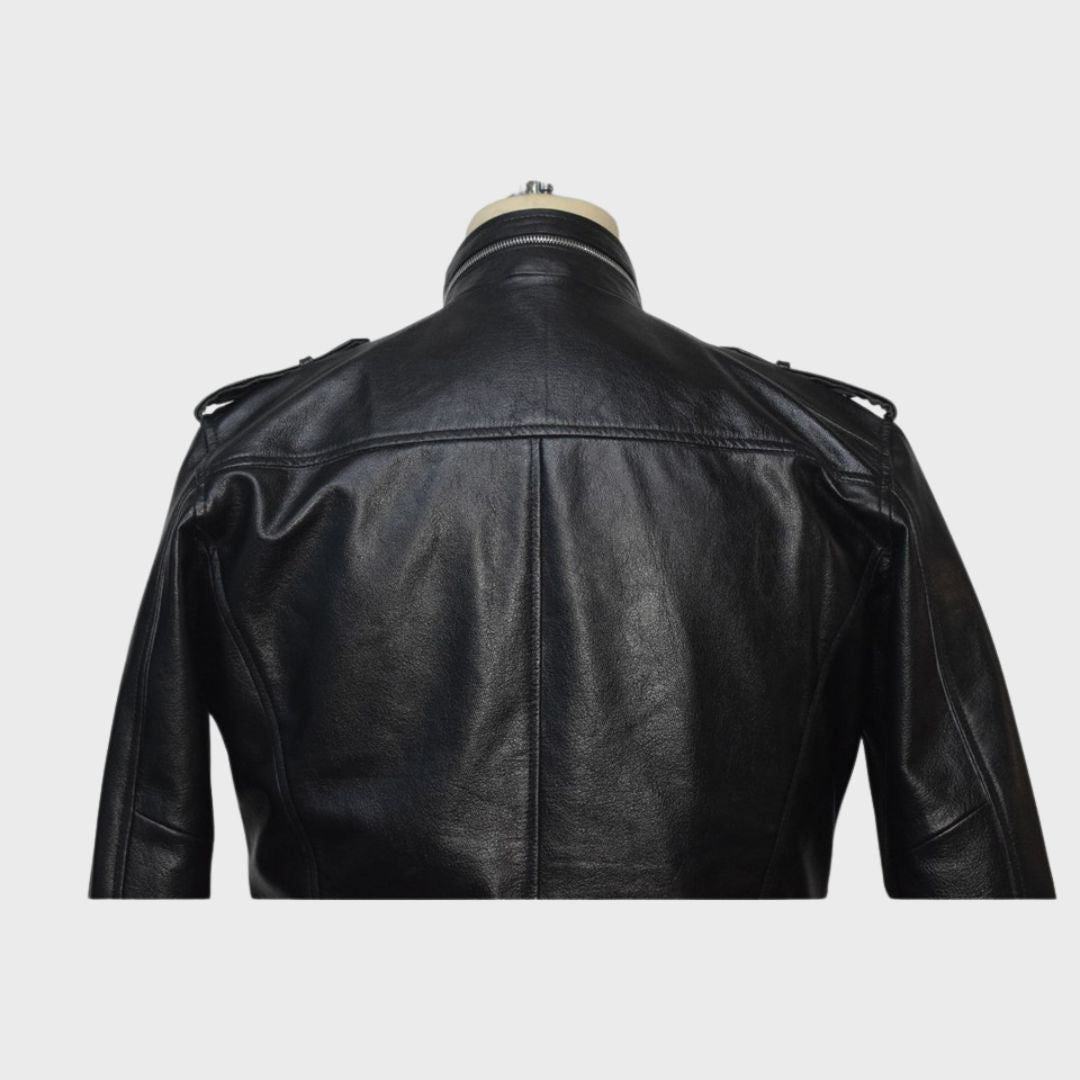 black leather biker jacket with multiple pockets, perfect for a rugged look.