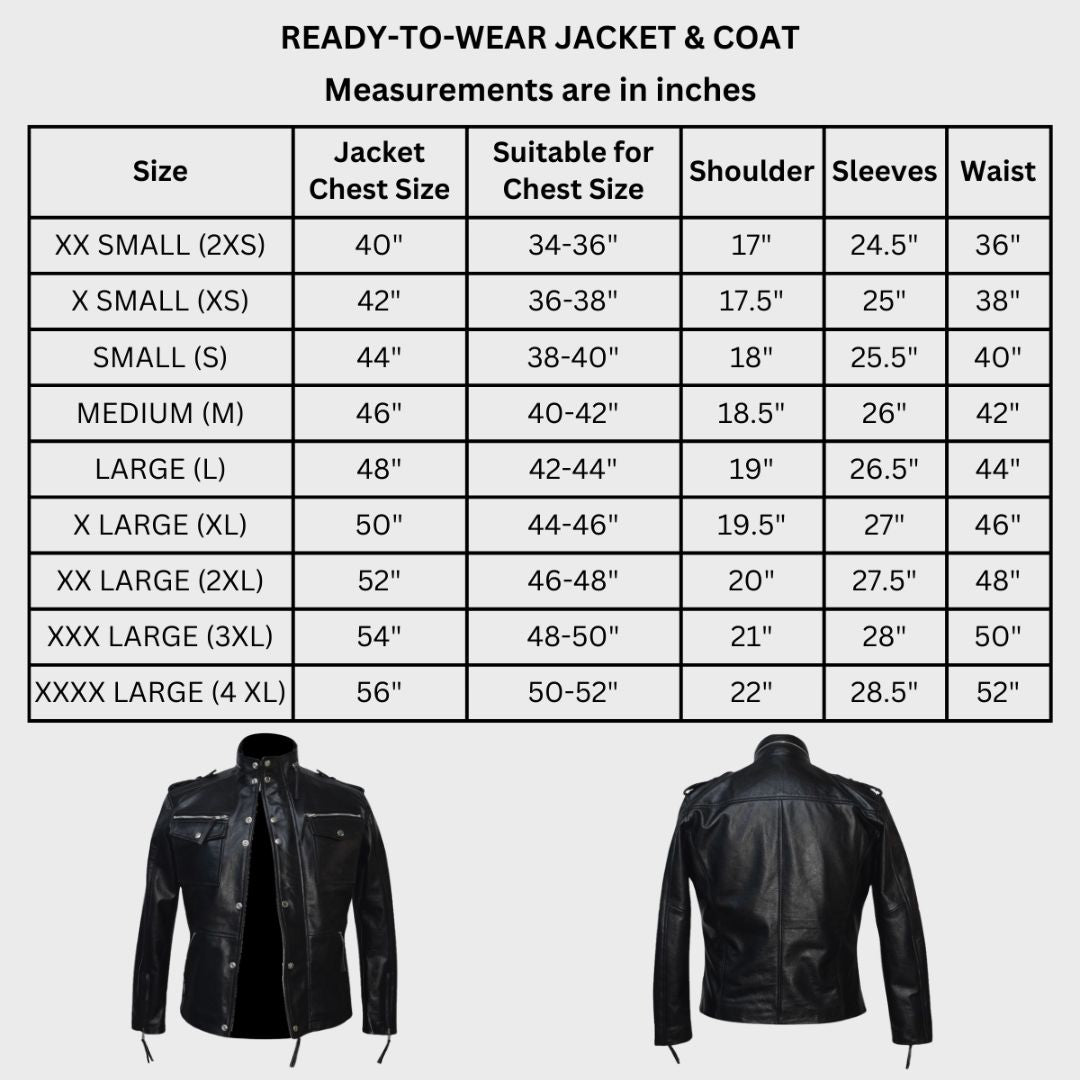 Size chart of the high-quality leather material on a men’s black biker jacket.