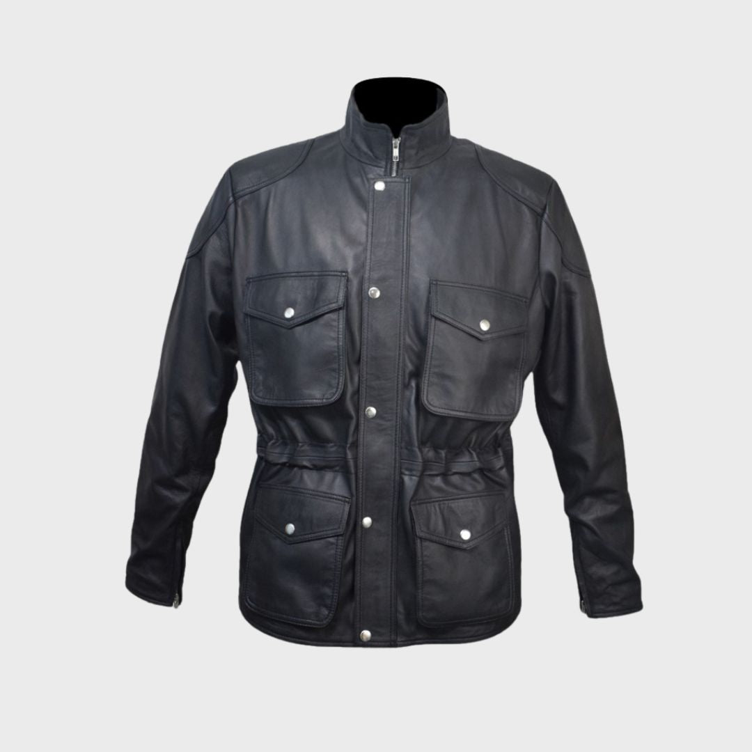 Men’s black leather police jacket with 4 body flap pockets, available for purchase.