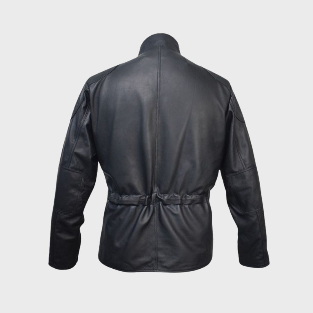 Back view of a black leather police jacket with durable construction and multiple pockets.