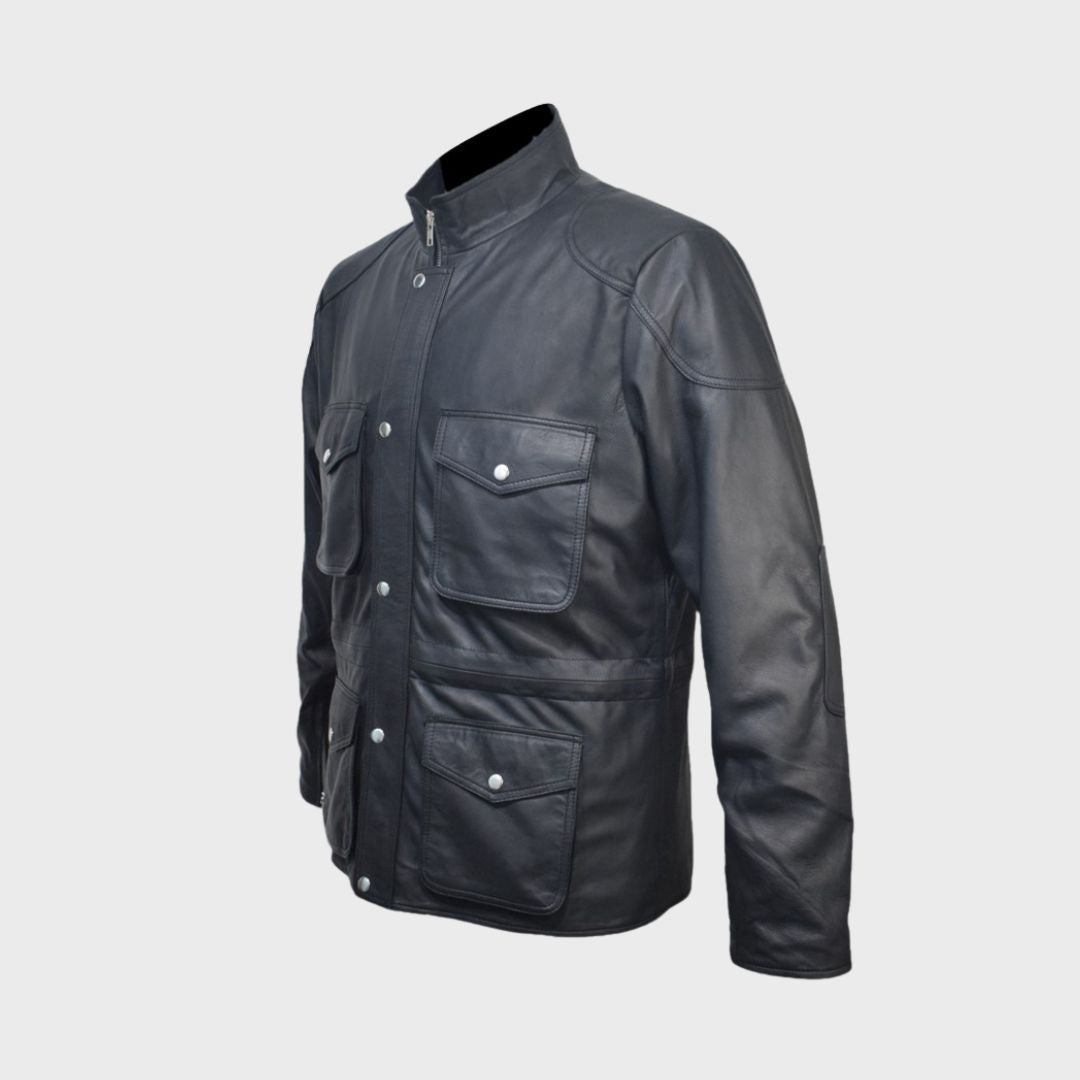 Side view of a men’s black leather police jacket showcasing its flap pockets.