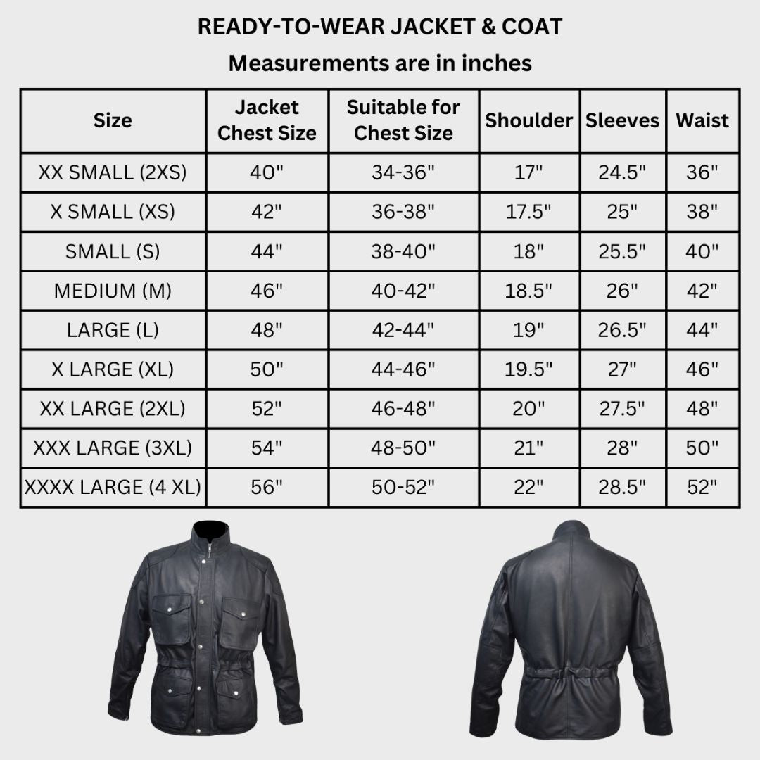 Size chart  of a black leather police jacket with flap pockets, ideal for a strong, authoritative look.