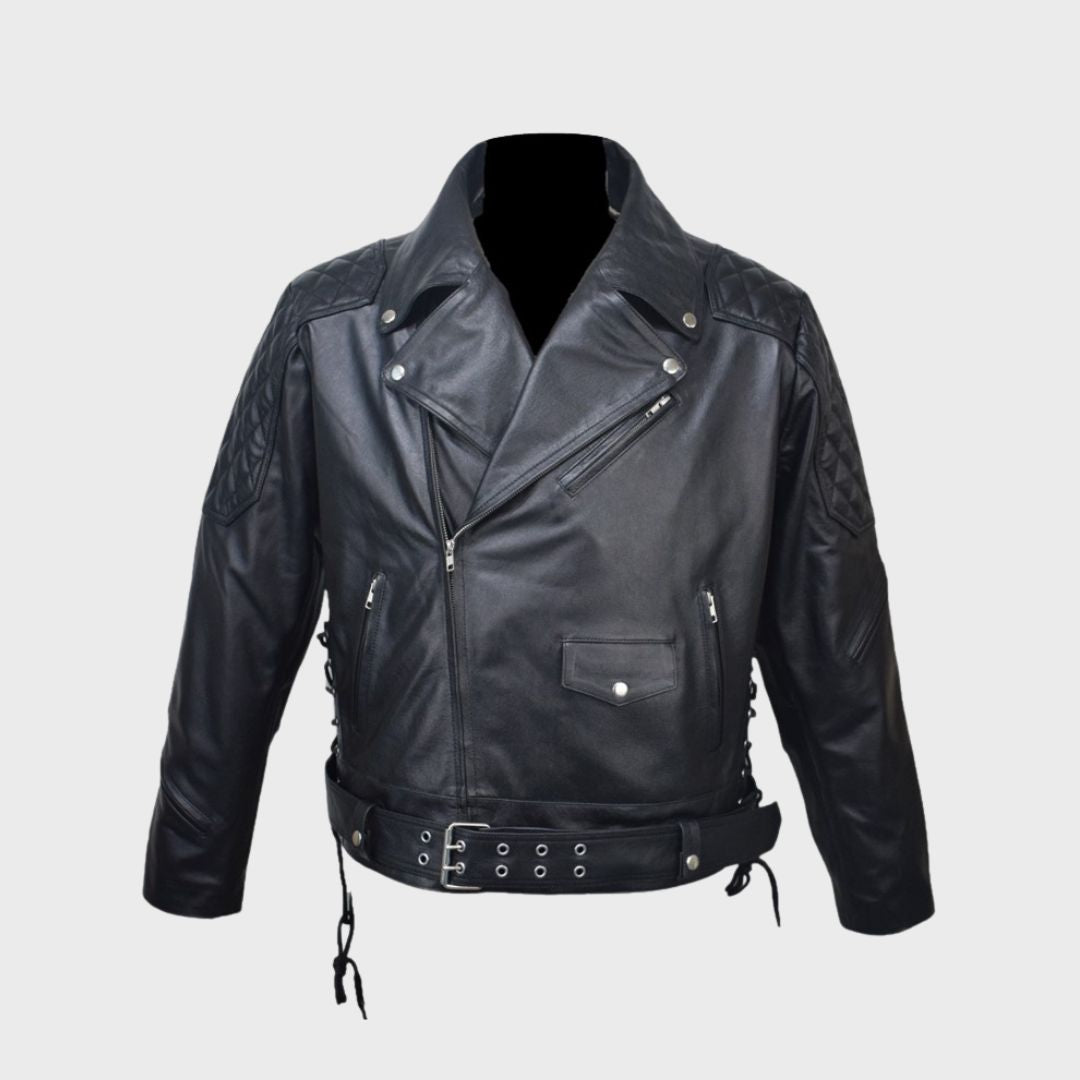 Front view of a men’s black leather biker jacket showcasing the waist belt and multiple pockets.