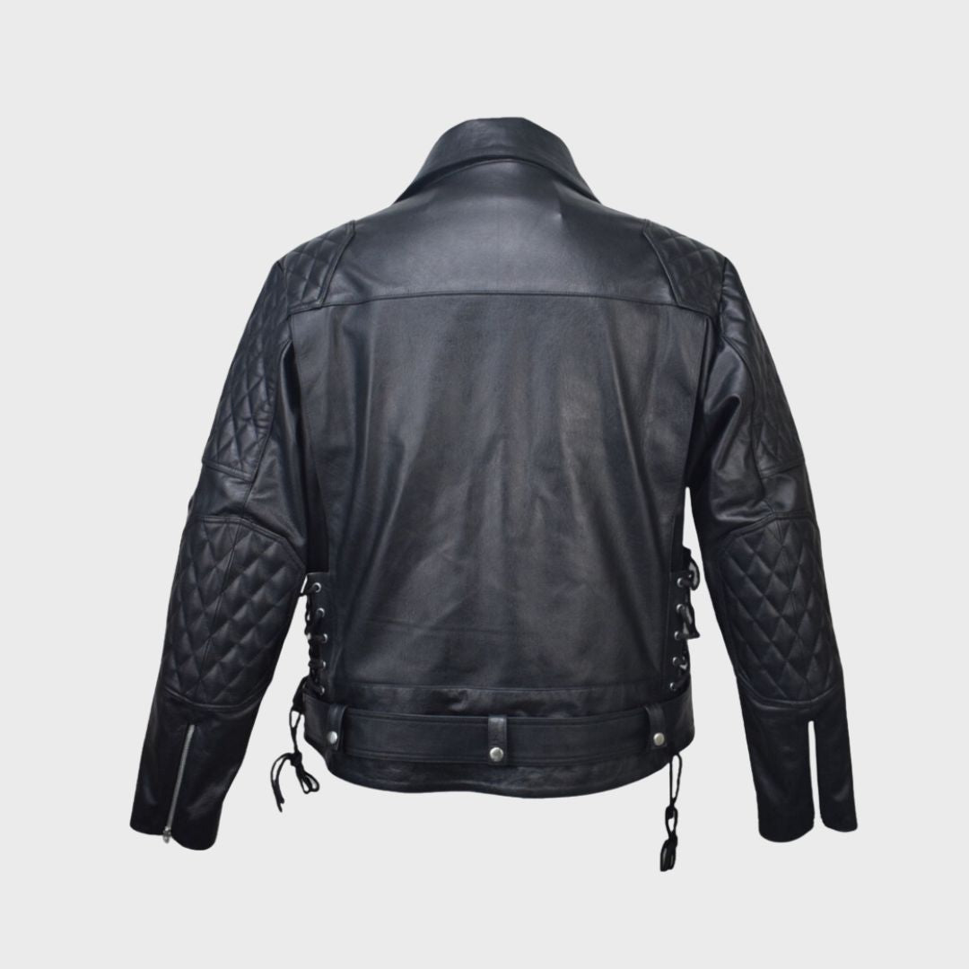 Men’s black leather biker jacket with zipper body pockets, snap button pocket, and waist belt.