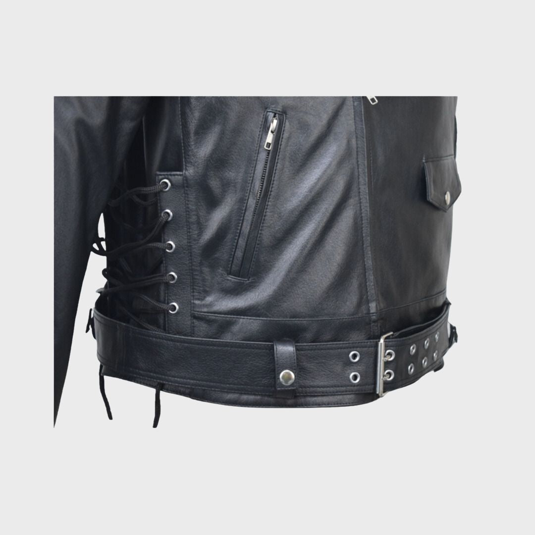 Detailed shot of the snap button pocket and zipper chest pocket on a black leather biker jacket.