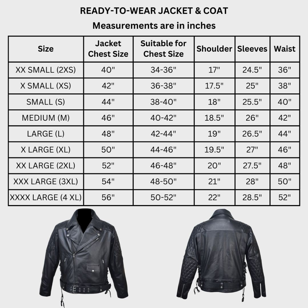 Size chart of a black leather biker jacket.