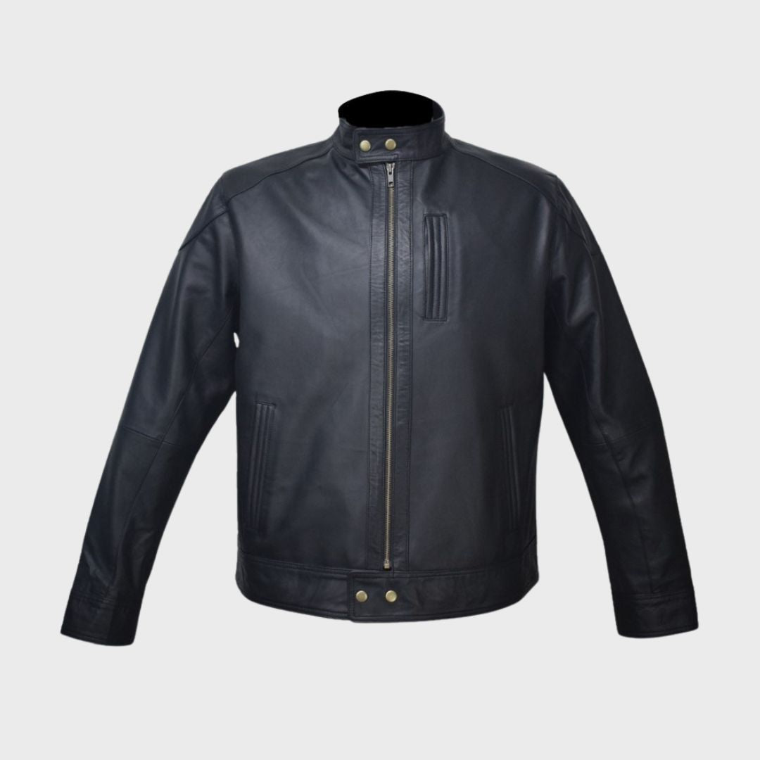 Front view of men’s black leather basic biker jacket with a sleek band collar.