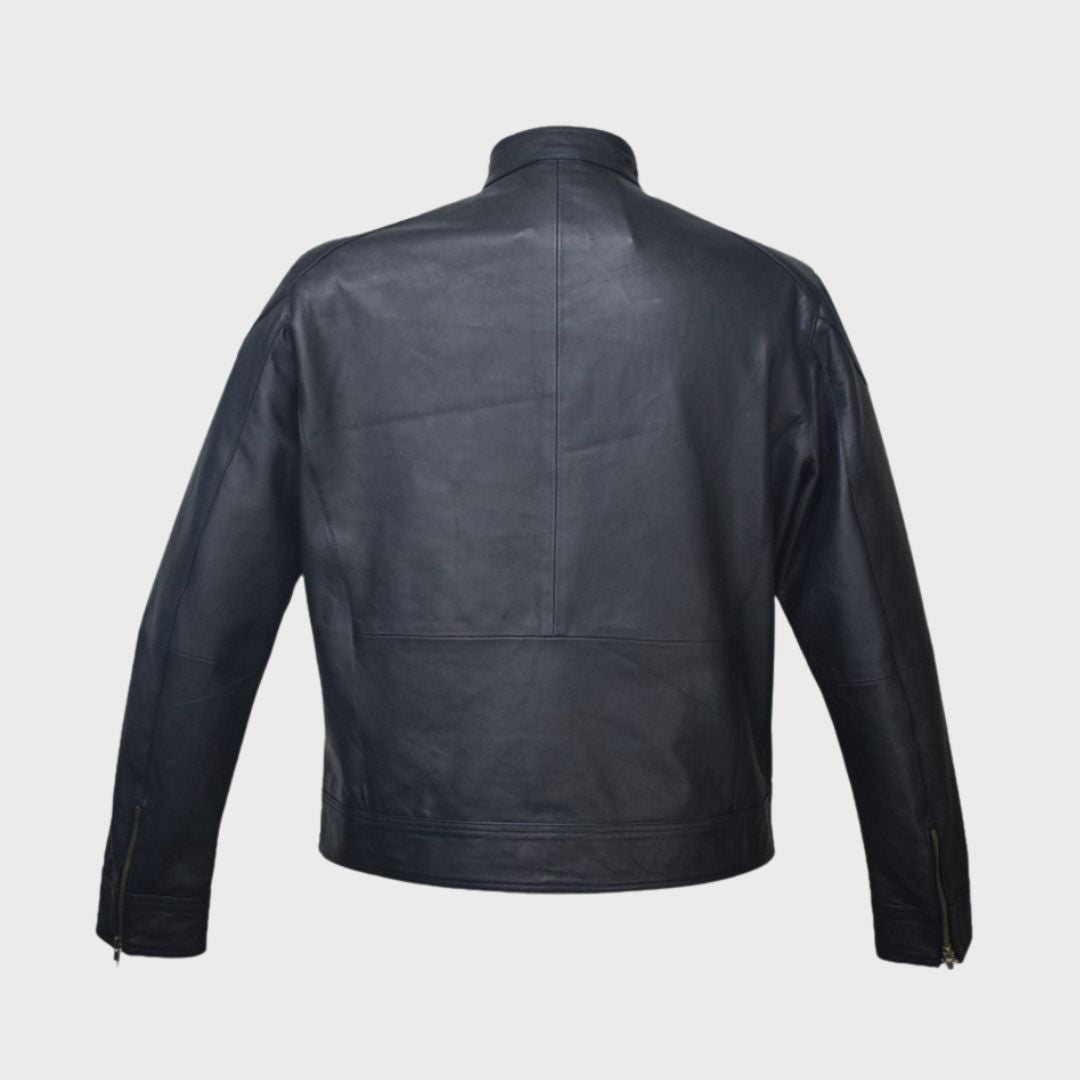 Back view of a men’s black leather basic biker jacket with band collar and zipper body pockets.