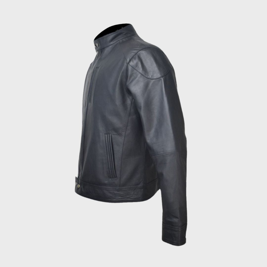 Side view of a black leather biker jacket for men with zipper pockets and band collar.