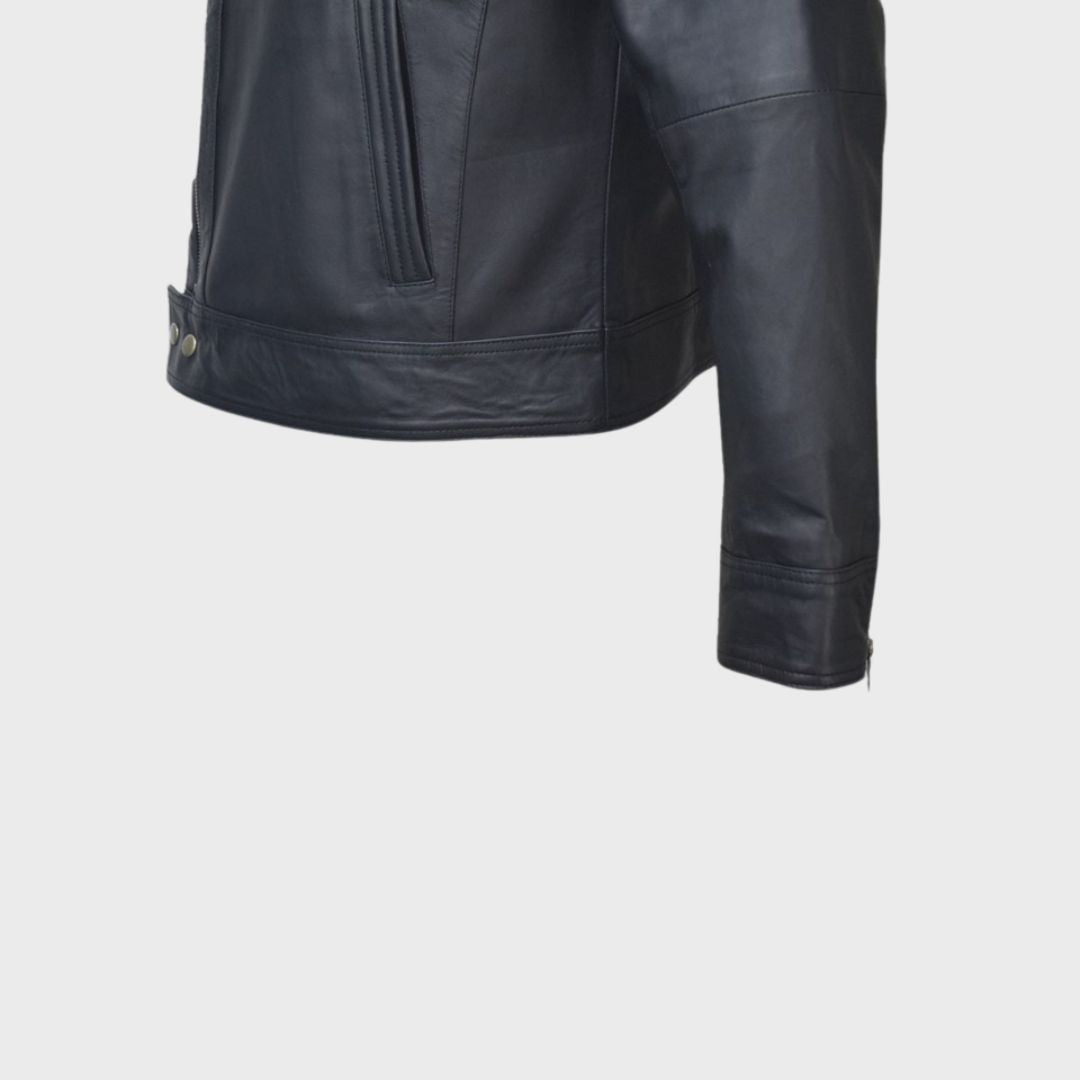 Sleeves of a black leather biker jacket.