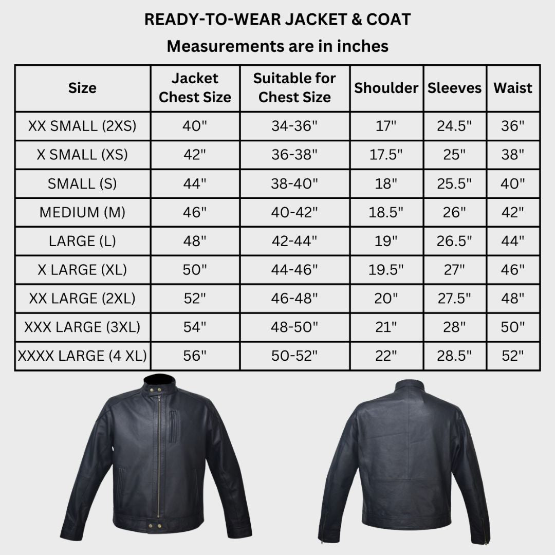 Size chart of a black leather biker jacket.