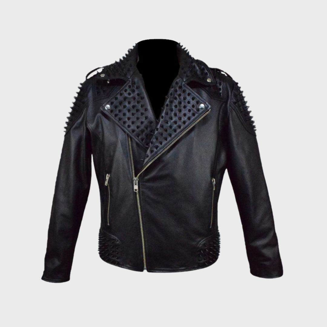 Black leather studded biker jacket with notch collar and zipper pockets.