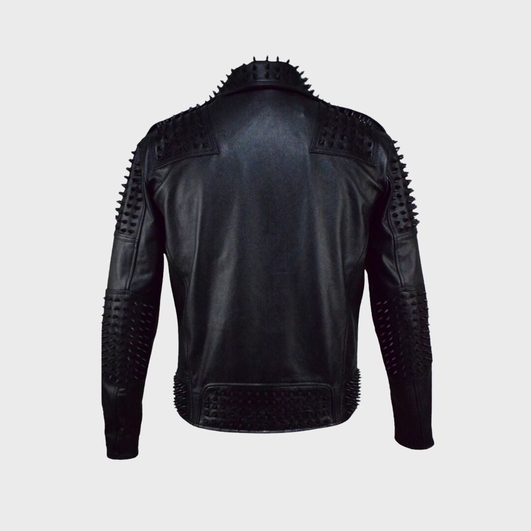 Men's biker jacket in black lambskin with studded details and zip sleeves.