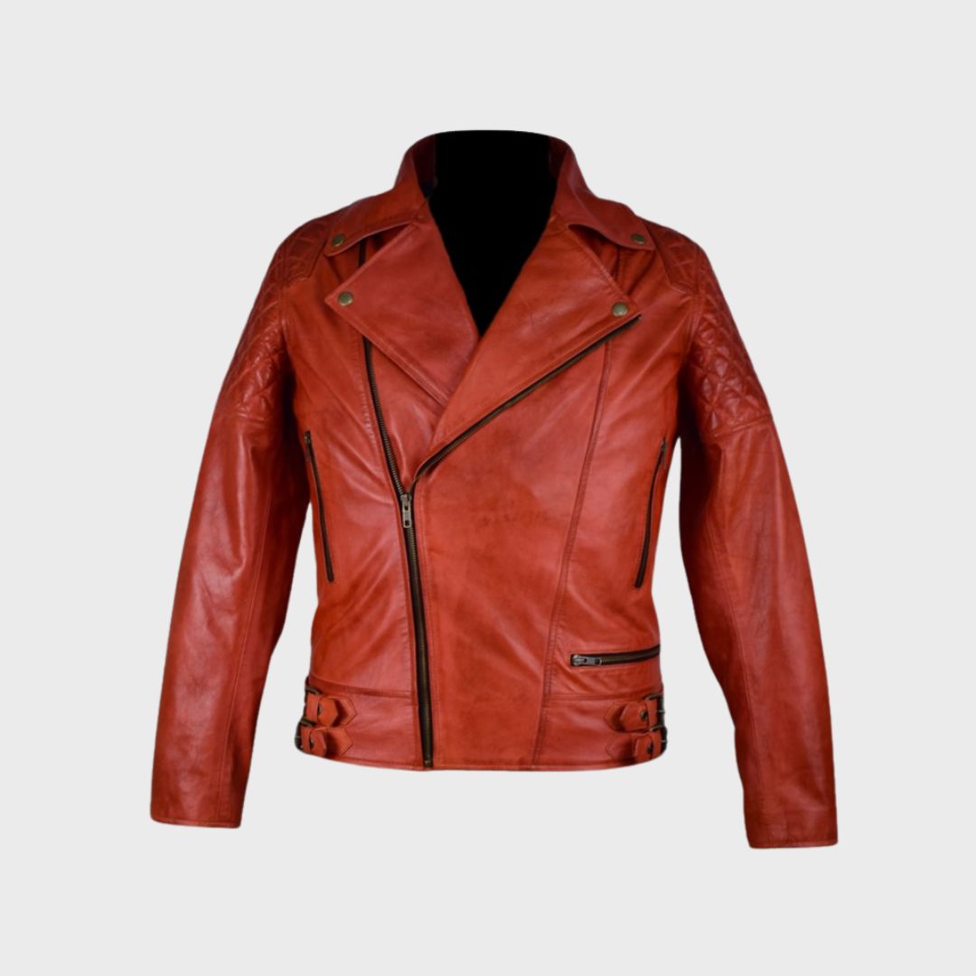 Red leather quilted biker jacket with notch collar and three zip pockets.