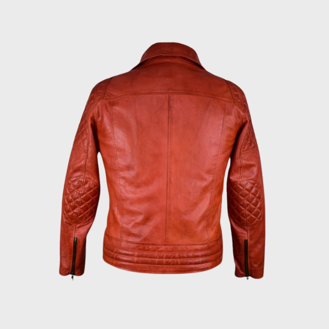 Men’s red quilted biker jacket in lambskin with zipper fastening sleeves.