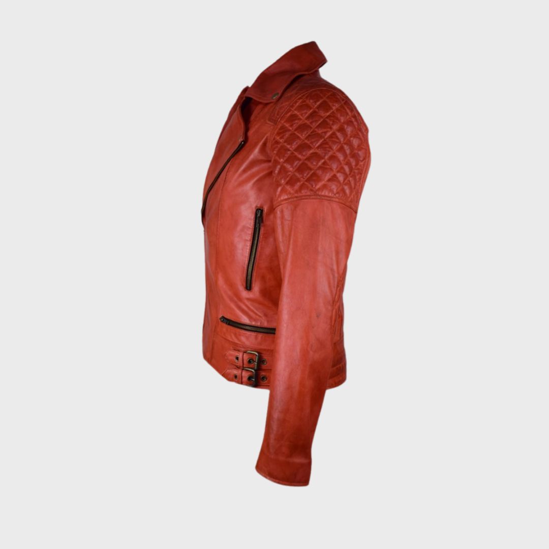 Quilted red leather biker jacket for men with three body pockets.