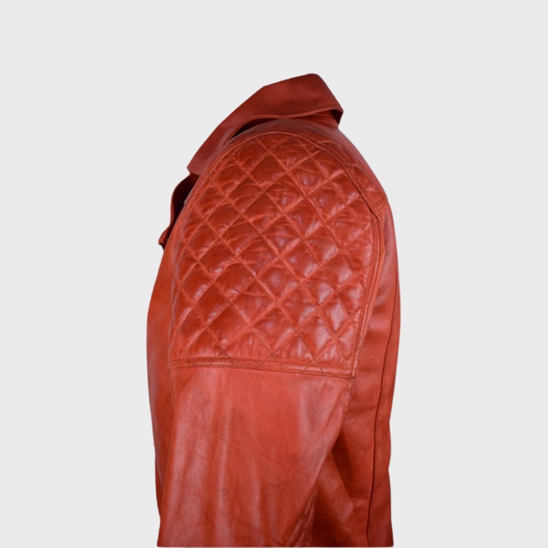 Red lambskin biker jacket with quilted design and zipper fastenings.