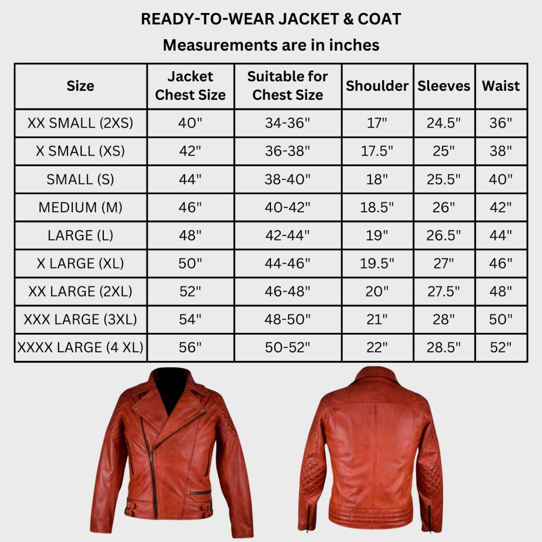 Men’s quilted red leather jacket with notch collar and zip sleeves.