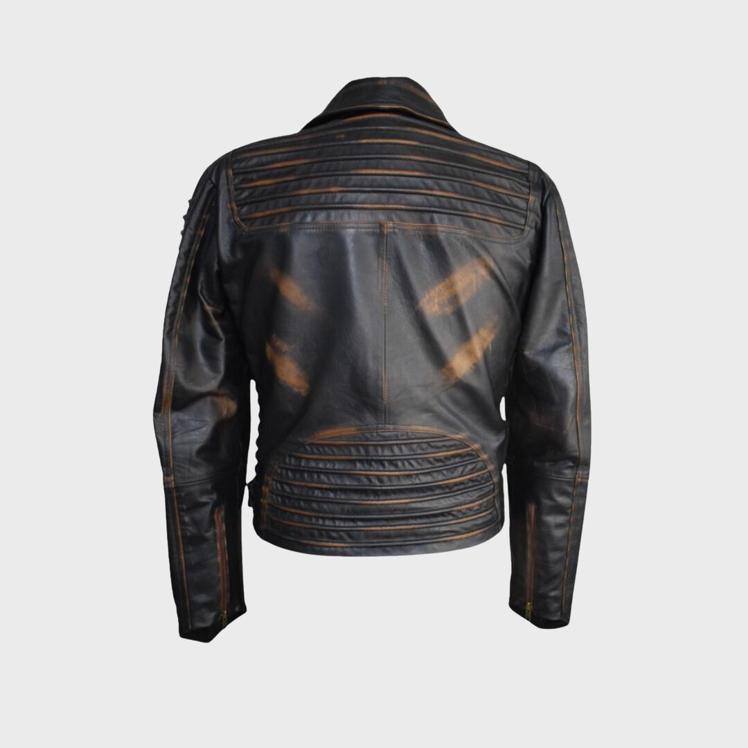 Men’s vintage-style black leather biker jacket with padded design and zipper sleeves.