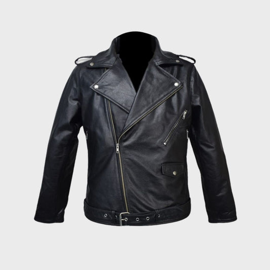 Front of black leather biker jacket with snap button pocket, waist belt, zipper pockets, notched collar, shoulder epaulettes, elbow padding and zipper cuffs.