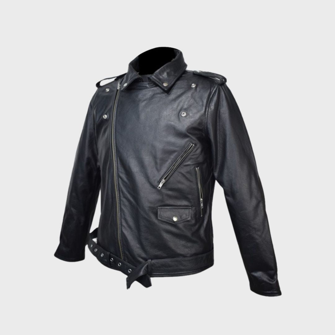 Left side of black leather biker jacket with snap button pocket, waist belt, zipper pockets, notched collar, shoulder epaulettes, elbow padding and zipper cuffs.