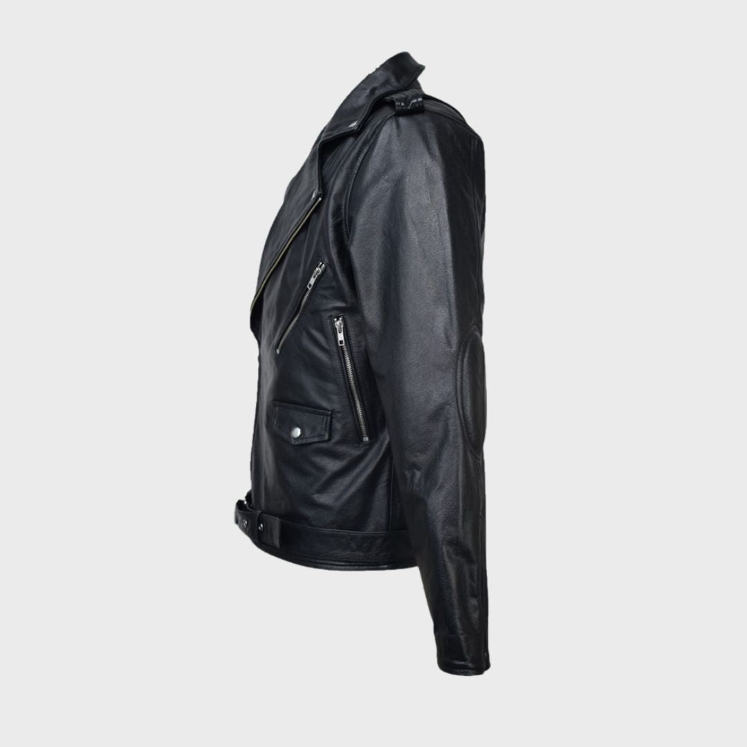 Side of black leather biker jacket with snap button pocket, waist belt, zipper pockets, notched collar, shoulder epaulettes, elbow padding and zipper cuffs.