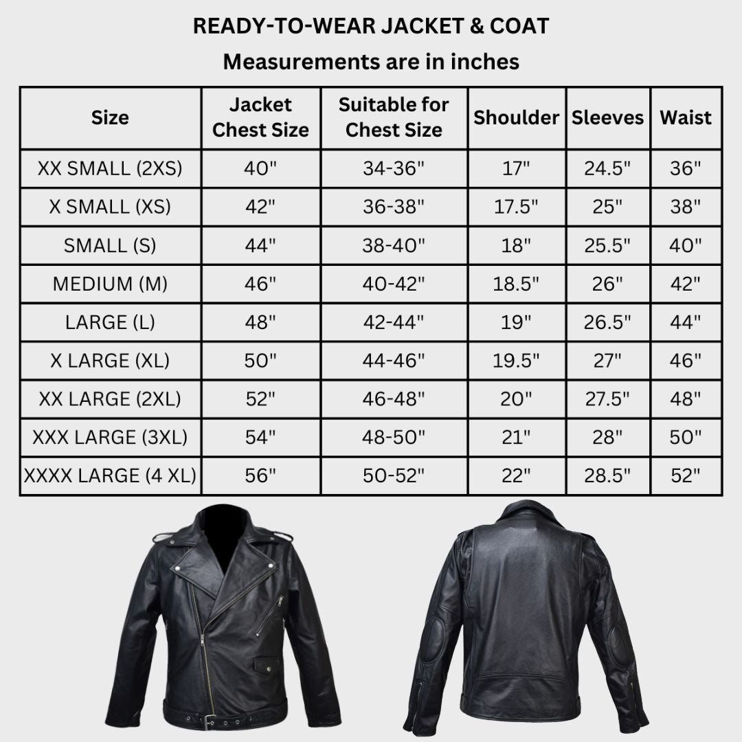 Size chart of black leather biker jacket with snap button pocket, waist belt, zipper pockets, notched collar, shoulder epaulettes, elbow padding and zipper cuffs.