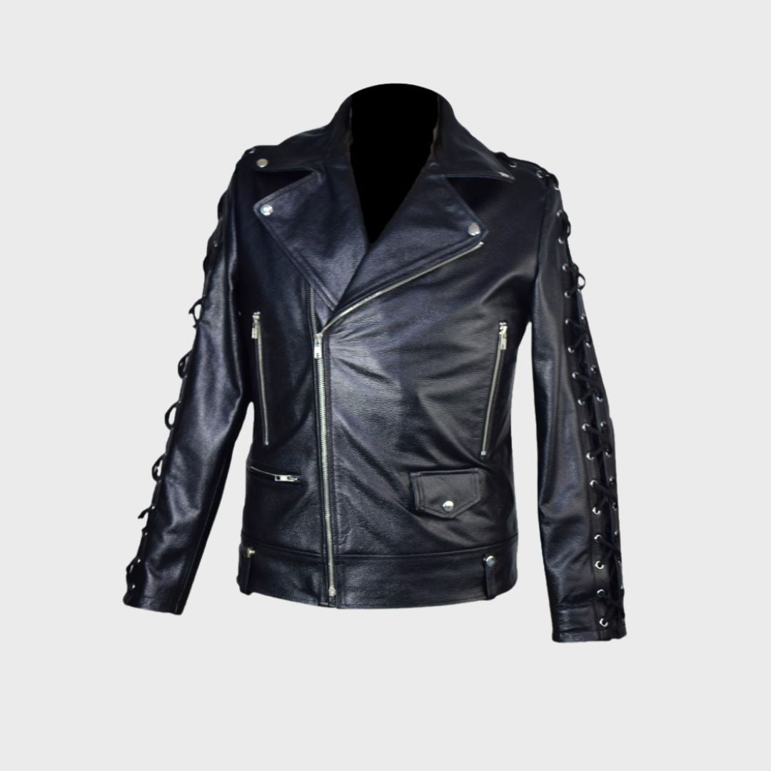 Front of black leather handmade biker jacket with lacing sleeves, notched collar, 3 zipper body pockets, 1 snap button pocket