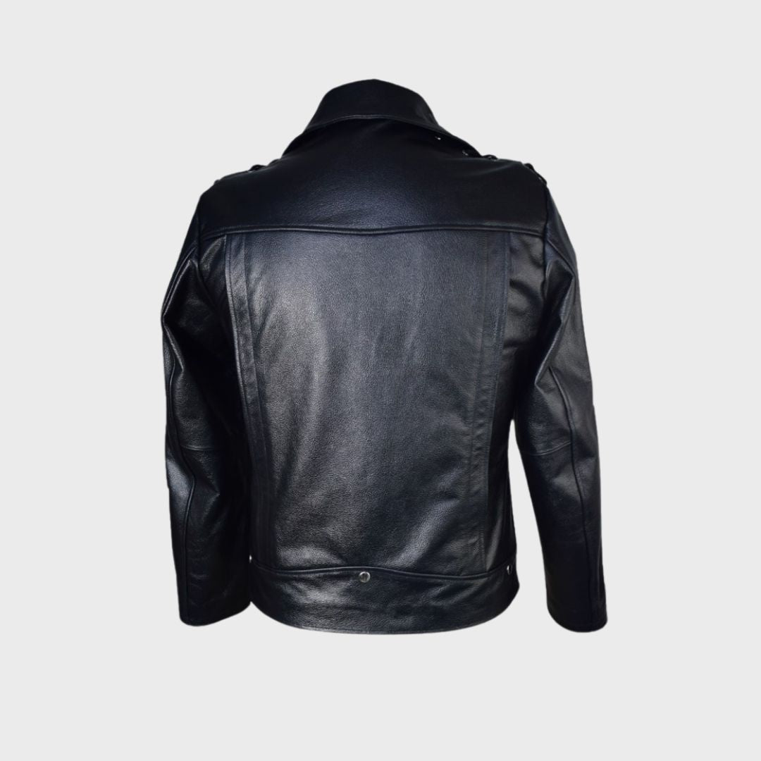 Back of black leather handmade biker jacket with lacing sleeves, notched collar, 3 zipper body pockets, 1 snap button pocket