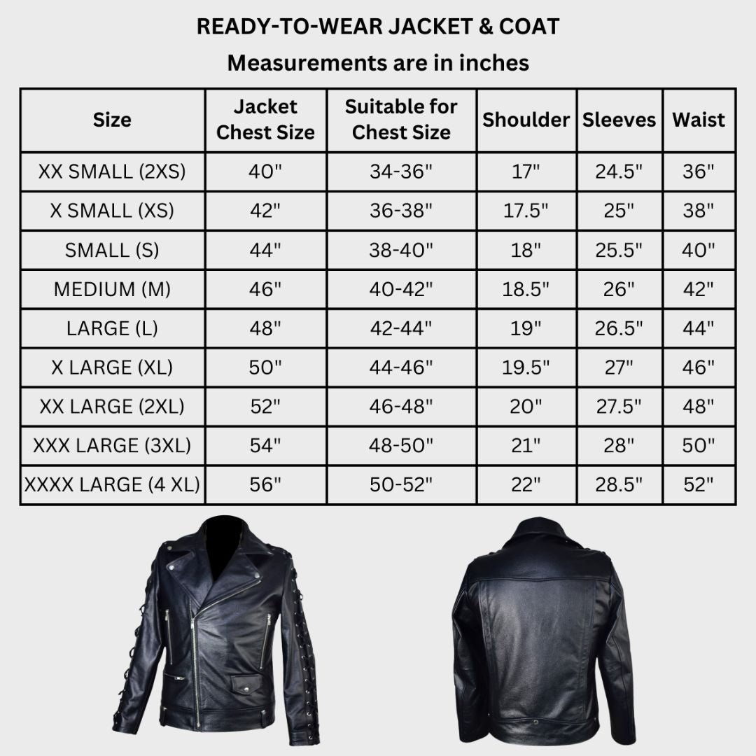 Size chart of black leather handmade biker jacket with lacing sleeves, notched collar, 3 zipper body pockets, 1 snap button pocket