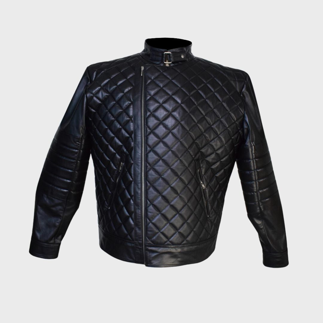 Front of black leather quilted biker jacket for men, comes with 2 zipper pockets, quilted lining, banned collar, zipper fastening closure