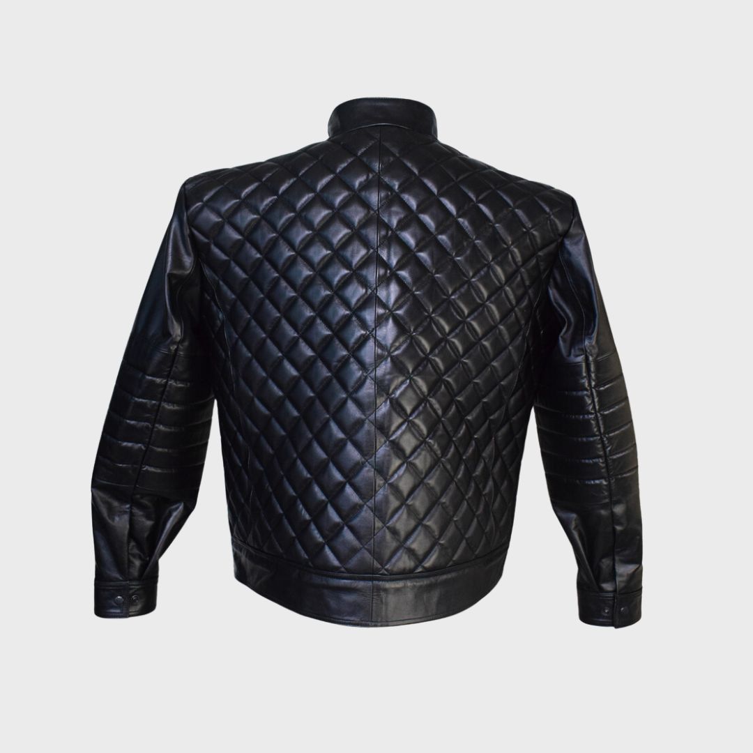 Back of black leather quilted biker jacket for men, comes with 2 zipper pockets, quilted lining, banned collar, zipper fastening closure