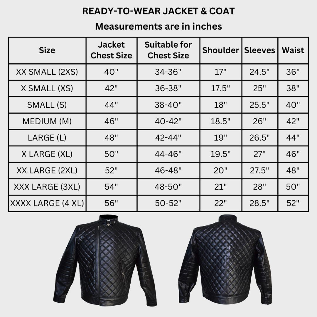 Size chart of black leather quilted biker jacket for men, comes with 2 zipper pockets, quilted lining, banned collar, zipper fastening closure