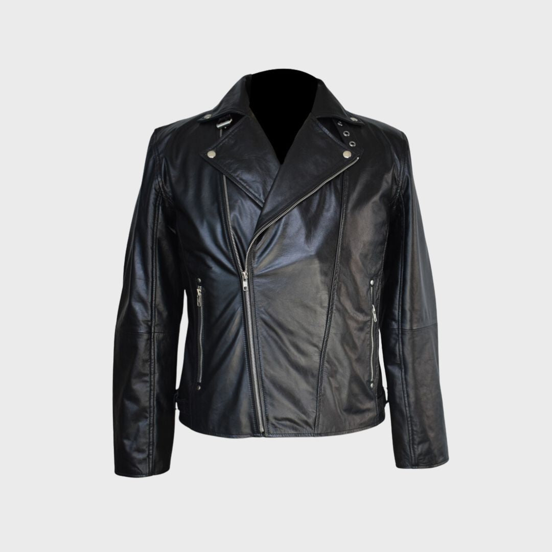 Front of real leather black biker jacket with notch collar, 2 zipper pockets, elbow padding and zipper closure