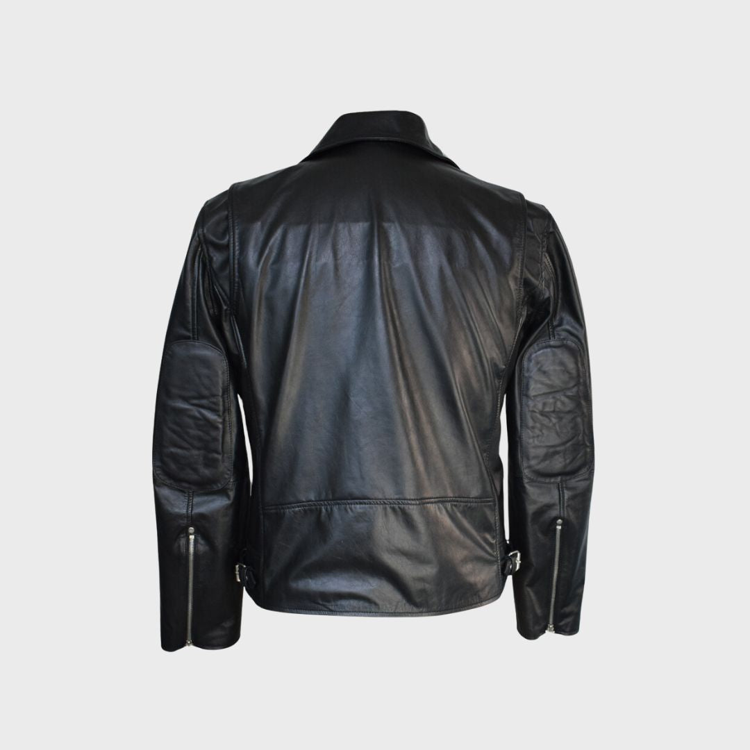 Back of real leather black biker jacket with notch collar, 2 zipper pockets, elbow padding and zipper closure