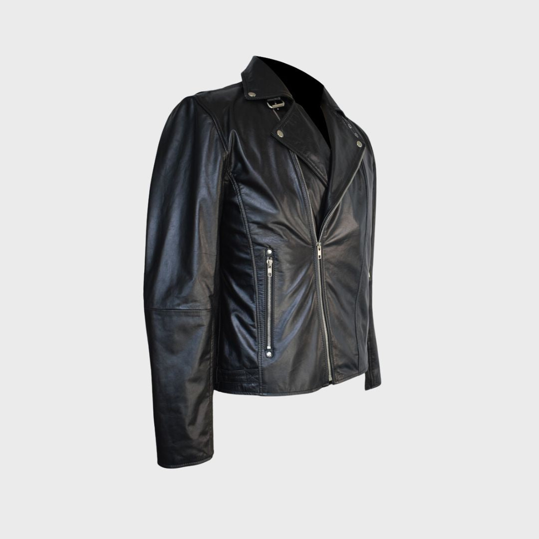 Side of real leather black biker jacket with notch collar, 2 zipper pockets, elbow padding and zipper closure