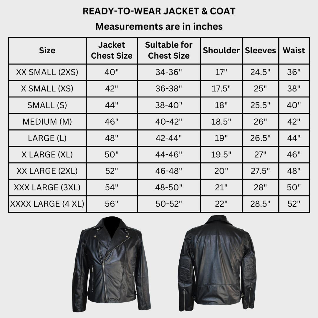 Size chart of real leather black biker jacket with notch collar, 2 zipper pockets, elbow padding and zipper closure