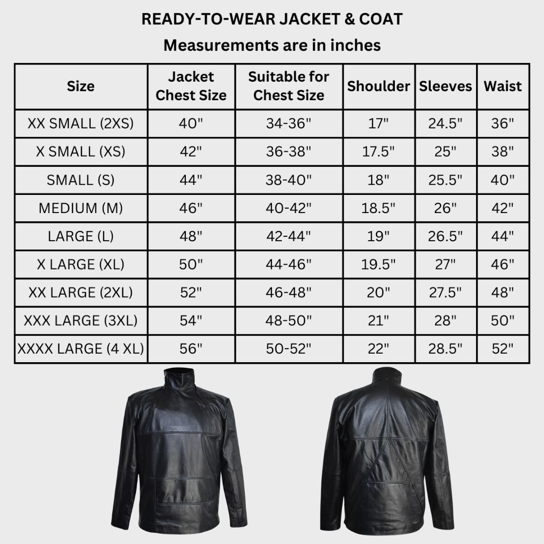 Size chart of black leather jacket