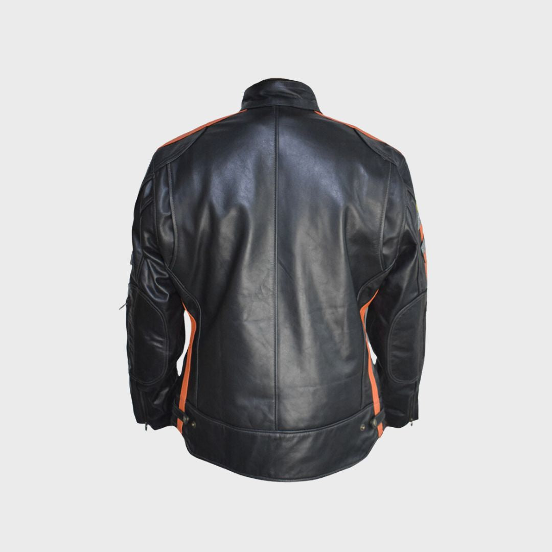 Back of black leather racer jacket