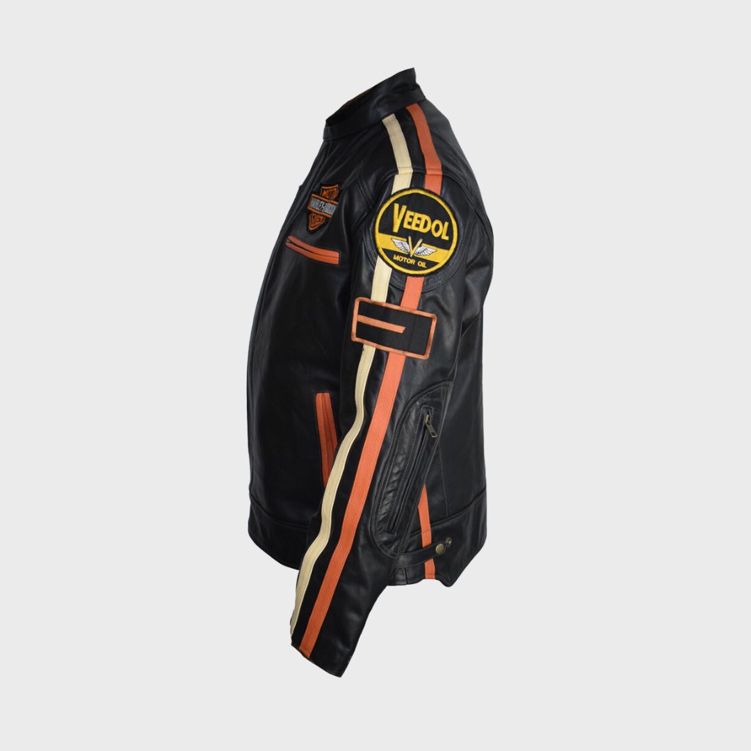 Stripes on sleeves of black leather racer jacket