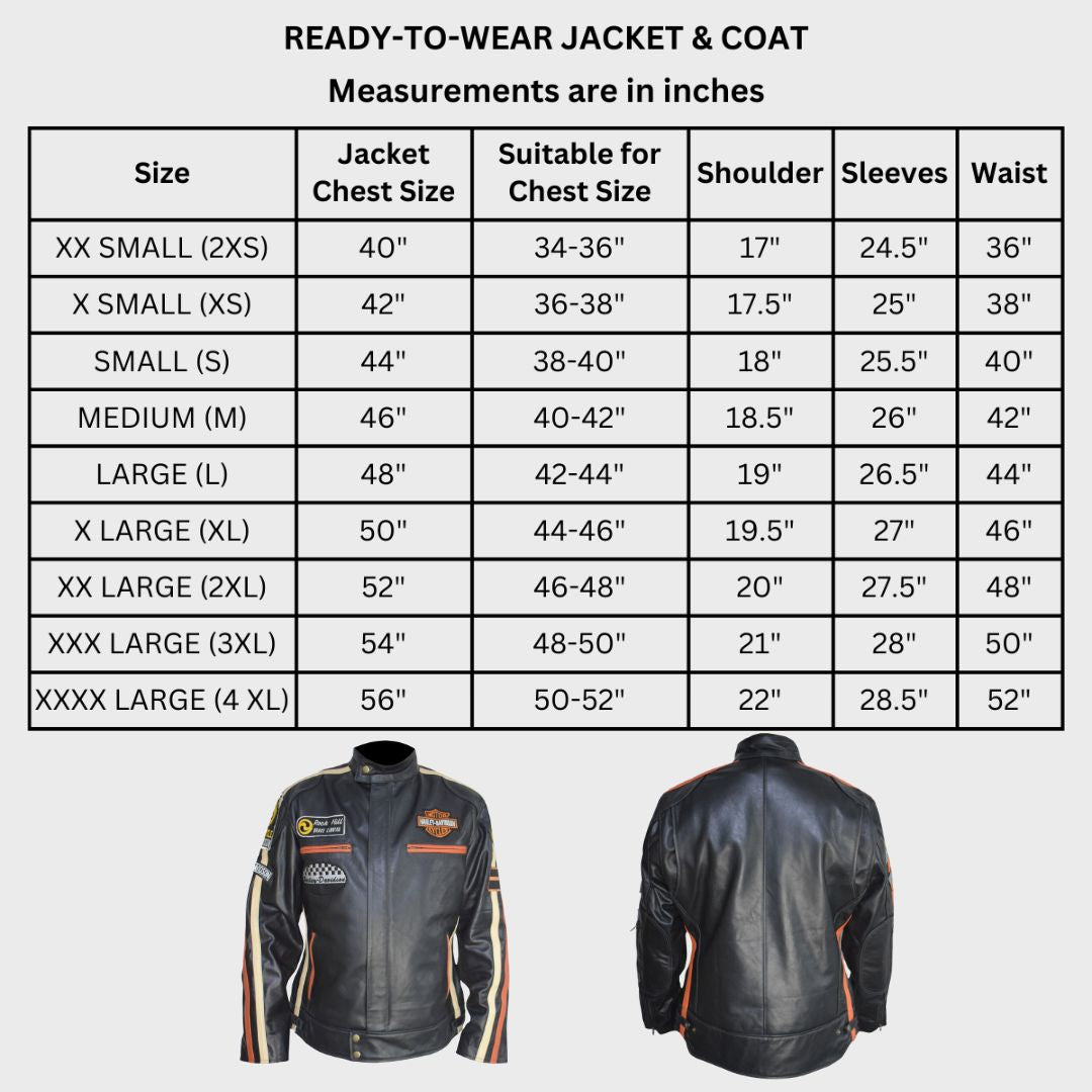 Size chart of black leather racer jacket with stripes