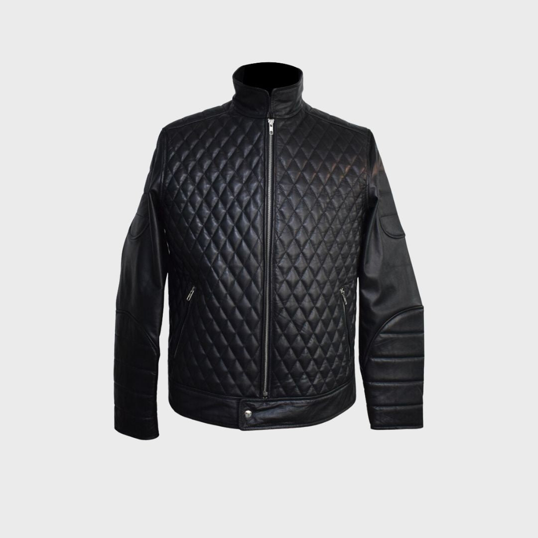 quilted leather jacket for men with zipper fastening closure and zipper pockets